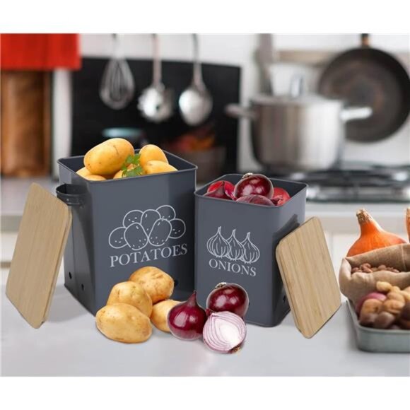 Kitchen Vegetable Storage Tins Set of 2 for Potatoes, Onion, with wooden lid - Picture 6 of 7